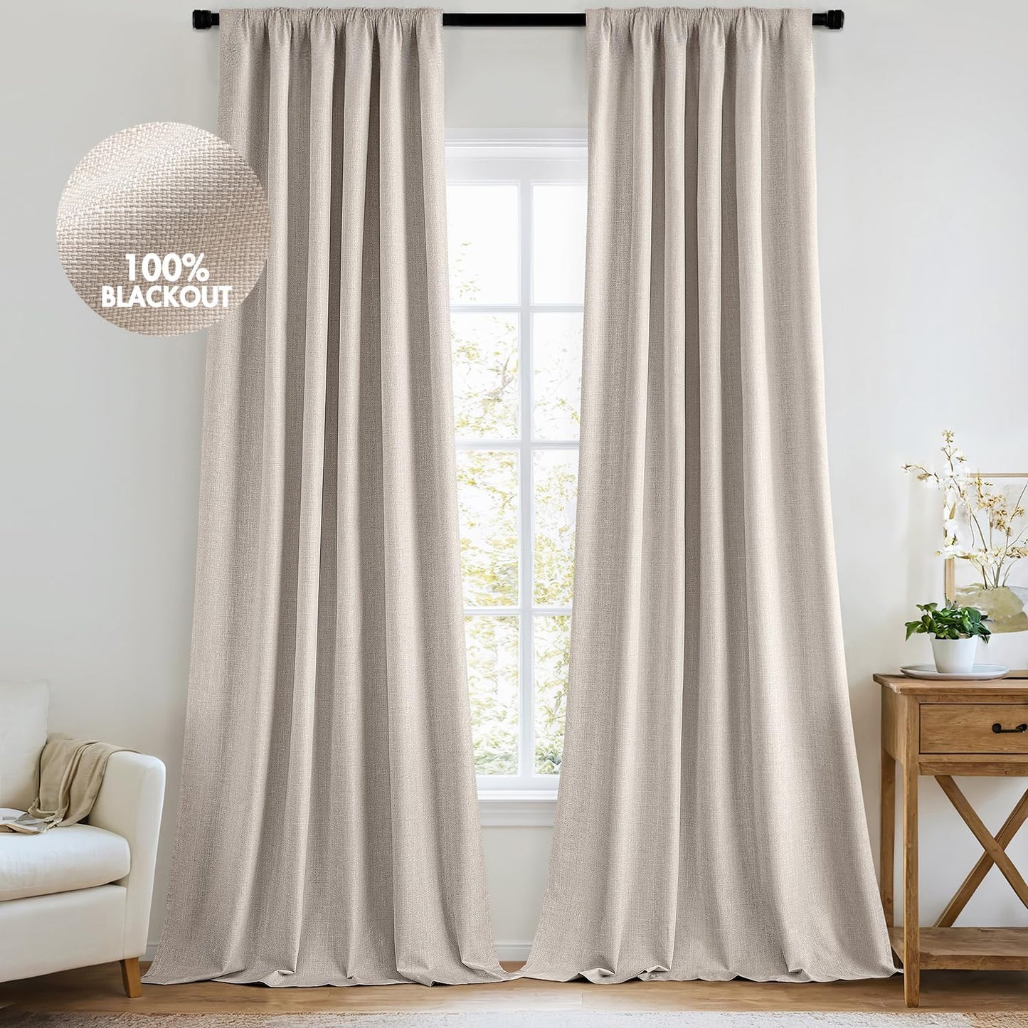 MIULEE 100% Blackout Curtains 90 Inch Long 2 Panels Set for Bedroom, Thick Luxury Faux Linen Black Out Curtain Room Darkening Back Tab Pleat Window Textured Drapes with Hooks for Living Room, Beige