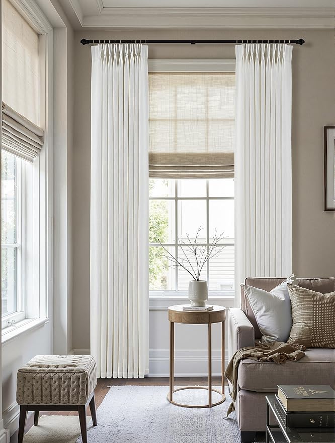 Pinch Pleated Linen Curtains 126 Inches Long for Sliding Glass Doors Living Room 2 Panel Set Cream Ivory Light Filtering Pinch Pleat Curtain Back Tab Neutral Boho Farmhouse Window Drapes for Bedroom