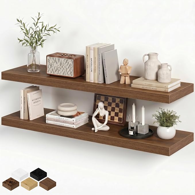 Fun Memories 36 Inch Floating Shelves, Wall Shelves Set of 2 for Bathroom/Living Room/Bedroom/Kitchen, Wall Mounted Floating Shelf for Home Decor with Invisible Brackets, Walnut
