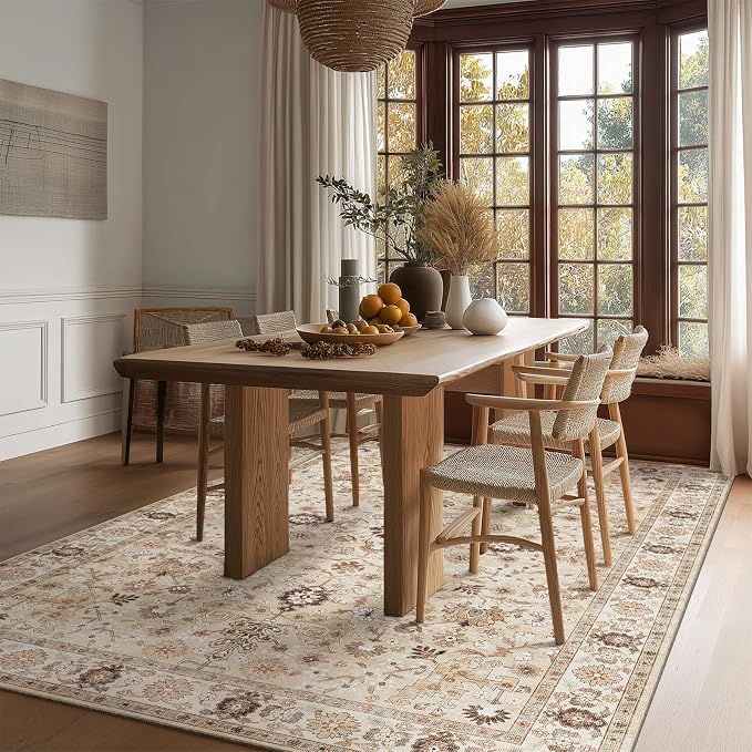 Washable Rugs for Living Room: 5x7 Area Rugs for Bedroom Ultra Soft Non-Slip Stain Resistant Vintage Boho Large Carpet for High-Traffic Dining Room - Farmhouse Decor