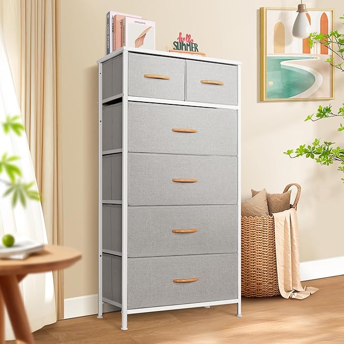 Mifuro Tall Dresser for Bedroom, Vertical Storage Organizer Tower with 6 Drawers, Chest of Drawers with Fabric Bins, Steel Frame, Wood Top for Bedroom, Closet, Entryway- Light Grey