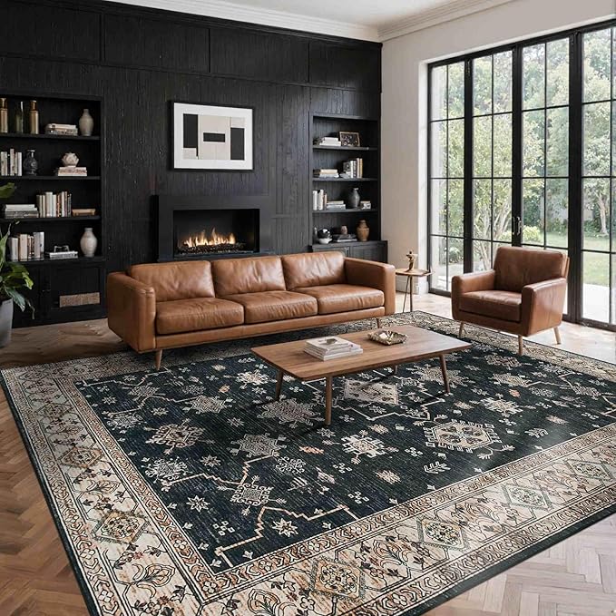 Rugxara 8x10 Area Rugs for Living Room, Large Washable Rug, Black Vintage Boho Rug, Non Slip & Low Pile Faux Wool Carpet for Indoor Dining Room, Bedroom and Farmhouse(Black 8x10ft)