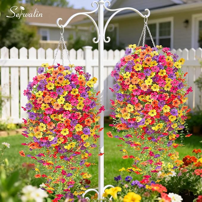 Serwalin 6PCS Artificial Hanging Flowers for Outdoors, UV Resistant Fake Hanging Plants, Realistic Weatherproof Outdoor Decor for Patio, Porch, Garden & Window (Yellow, Hot Pink, Purple &Orange,6PCS)