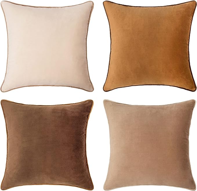 MONDAY MOOSE Decorative Throw Pillow Covers Cushion Cases, Set of 4 Soft Velvet Modern Double-Sided Designs, Mix and Match for Home Decor, Pillow Inserts Not Included (24x24 inch, Brown/Beige)
