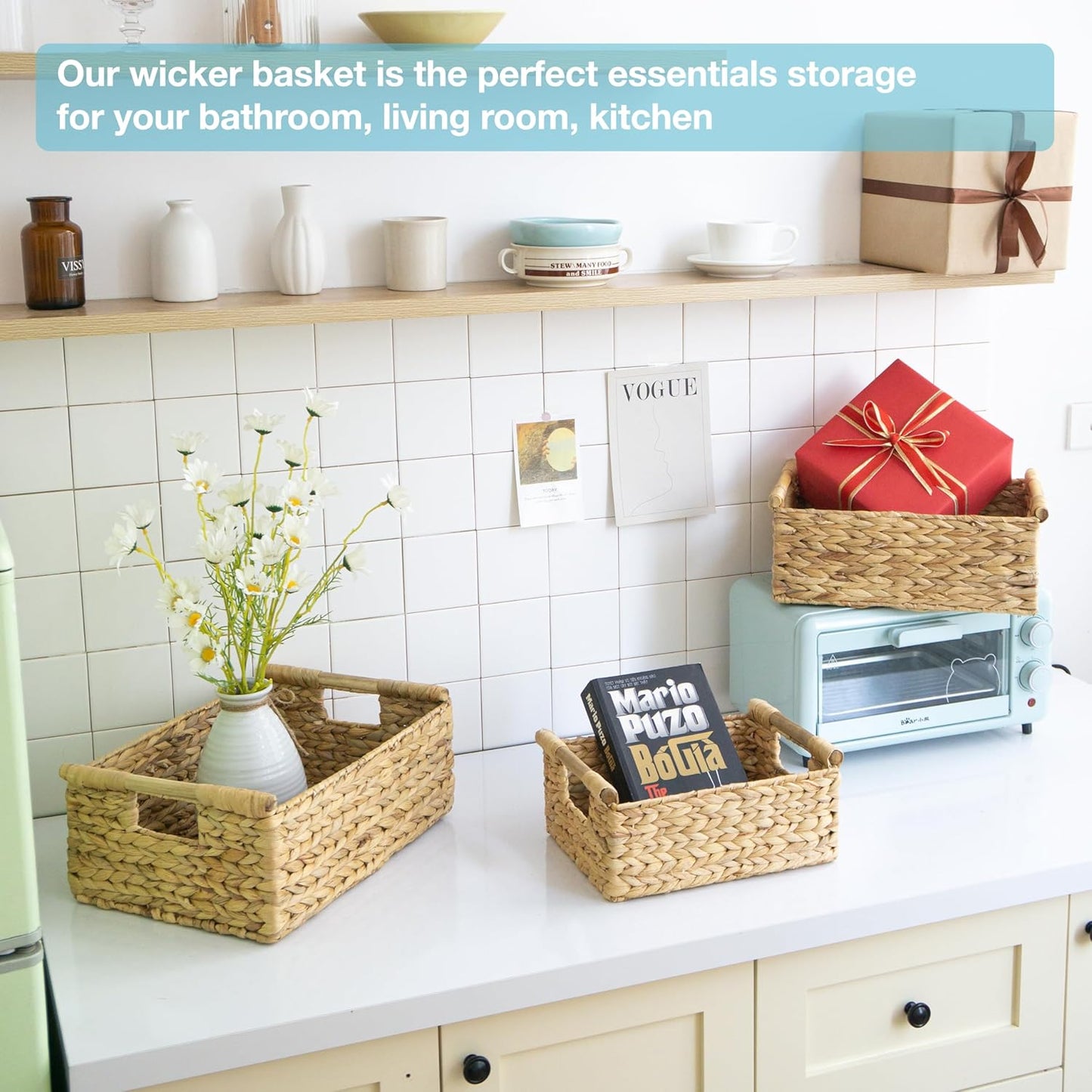VATIMA Hyacinth Wicker Basket Set 3 size - Rectangular, Wooden Handles, Shelf Organizer, Natural Bins