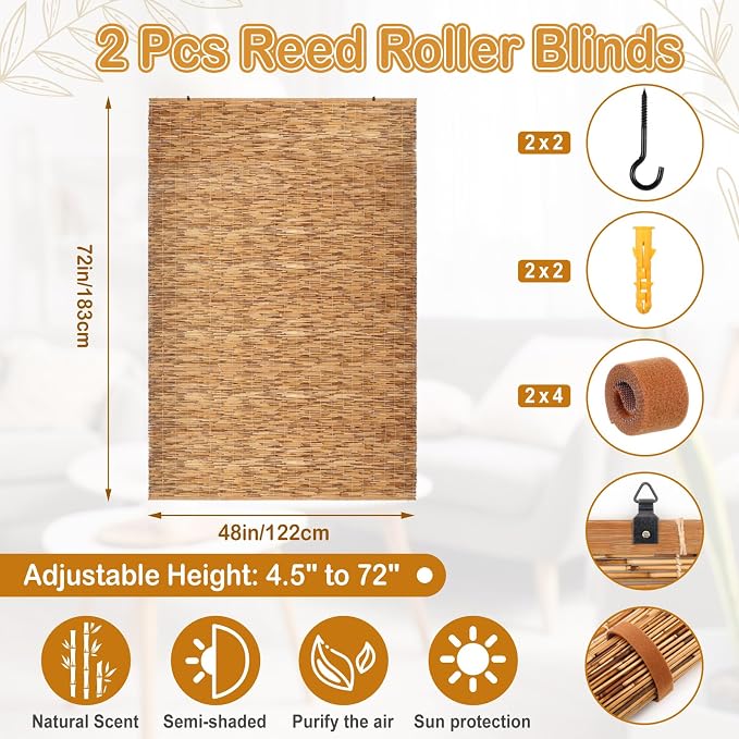 DoubleFill 2 Pcs Bamboo Shades Outdoor Reed Roll Up Blinds 48" W x 72" H Blackout Sunshade Cordless Bamboo Blinds for Home Porch, Patio & Windows Decor Shutters Sunlight Privacy Screen(Carbon Brown)