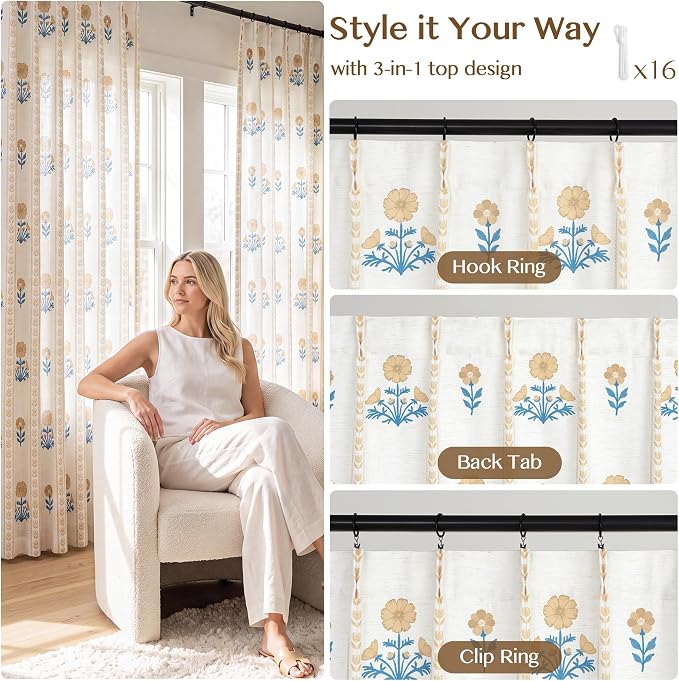 THREE GIRLS Pinch Pleated Light Filtering Linen Blend Floral Block Print Curtains for Living Room, Bedroom, Farmhouse, Memory Trained, Hooks, 2 Panels Set, 40"x84", Yellow