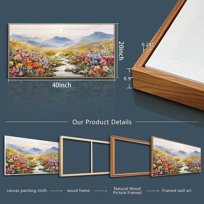 XIGUANGART Floral Wall Art, Large Framed Wall Art, Flower Pictures Wall Decor, Colorful Wildflowers Art Prints, Mountain Nature Landscape Paintings for Living Room Bedroom Kitchen Farmhouse 20"x40"