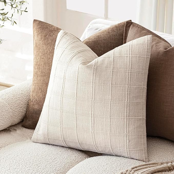 Foindtower Set of 2 Decorative Linen Check Throw Pillow Covers Neutral Farmhouse Vintage Cushion Covers Modern Boho Home Decor for Sofa Chair Couch Bedroom Living Room,22×22 Inch,Natural Beige
