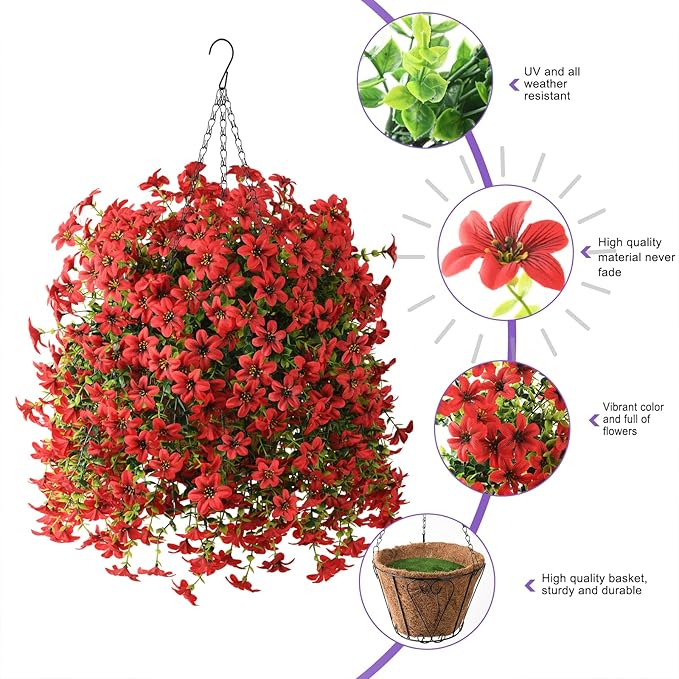 Artificial Hanging Baskets Outdoor, 4 Bundles Artificial Hanging Flowers Outdoors Spring Summer Decoration, No Fade Realistic Fake Hanging Baskets for Porch Patio Balcony Home Yard Decor