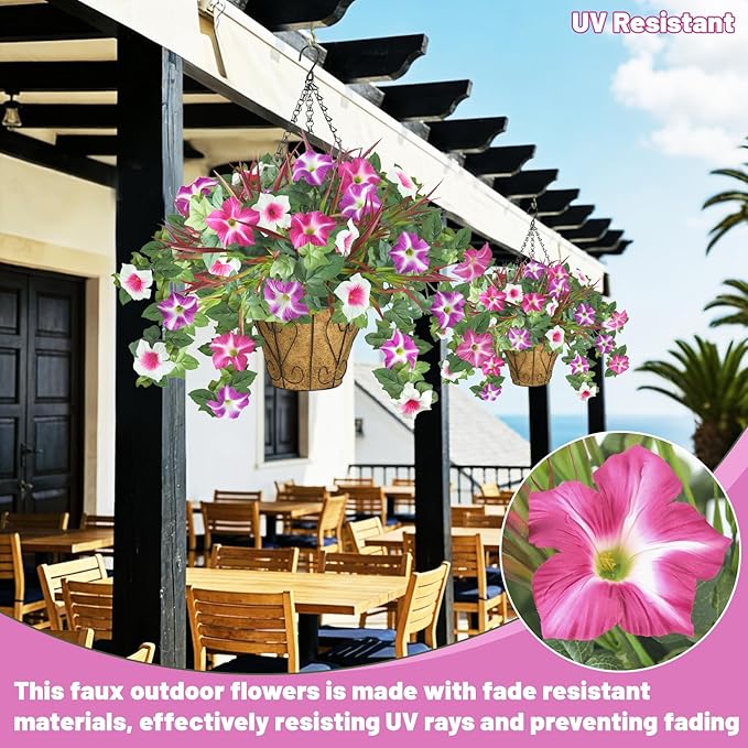 Artificial Flowers Hanging Baskets for Outdoors, 5PCS UV Resistant Faux Outdoor Plants, Fake Petunias Silk Flowers for Garden Balcony Yard Porch Decor (White Red Lotus)