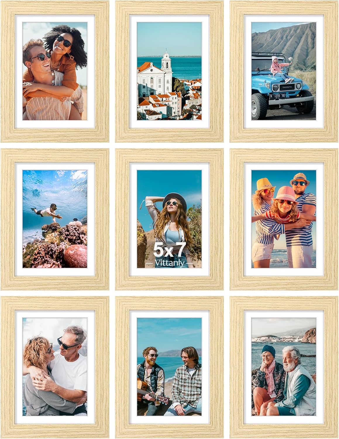 Vittanly 5x7 Picture Frames Set of 9, Shatter Resistant Plexiglass, Display 4x6 Pictures with Mat or 5x7 without Mat, Photo Frames for Wall or Tabletop, Engineered Wood, OAK