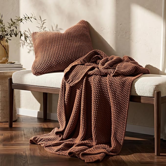 EverGrace Organic Cotton Chunky Knit Throw Blanket, 50 x 60 Terracotta | OCS Certified Organic Cotton, Seed Stitch Knit, Soft & Breathable, Cozy Midweight, Decorative Throw for Couch, Bed & Sofa