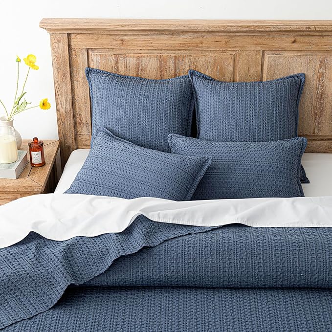 Foindtower Set of 2 Decorative Cotton Waffle Weave Lumbar Throw Pillow Covers Euro Shams Cushion Covers Accent European Pillowcase for Bed Couch Bedroom Living Room Home Decor 12×20 Inch Blue