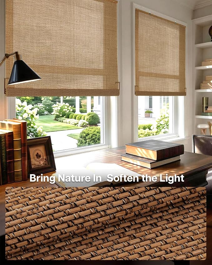 LazBlinds Manual Roll-up Bamboo Blinds, 30" W x 72" H, Star-Brown | Easy Install Roller Shades for Windows, Hook-On Light Filtering Bamboo Shades for Interior Indoor Windows
