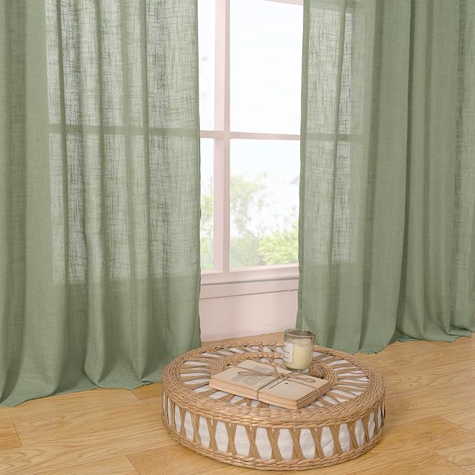 LAMIT Extra Wide Linen Curtains for Bedroom, Light Filtering Faux Linen Textured Panels Semi Sheer Back Tab and Rod Pocket Boho Drapes for Living Room/Farmhouse, 2 Panels, Sage Green, 60 x 63 Inch