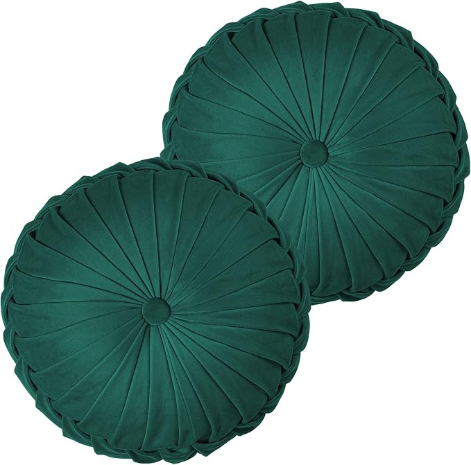 ROSE&RISY Round Pleated Velvet Throw Pillows, 2 Pack Decorative Accent Pumpkin Pillow Cushion for Couch Sofa Bed, Soft Plush Retro Vanity Throw Pillows for Home Decor, 14.5 Inch, Teal