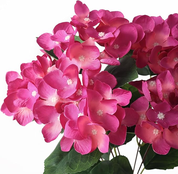 FOTEEWL 8 Bundles Artificial Hydrangea Flowers for Outdoor Decor, Realistic Faux Silk Bouquets Sun-Resistant Fake Plants for Front Door Balcony Farmhouse Garden Home Spring Summer Decor (Rose Red)