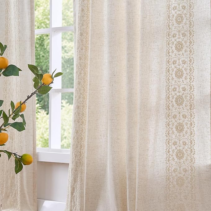 jinchan Weslie Boho Lined Linen Curtains for Bedroom Ivory Vintage Floral Farmhouse Curtains 84 Inches Long Linen Drapes for Living Room Embroidered Drapes Rod Pocket Ivory on Beige 2 Panels