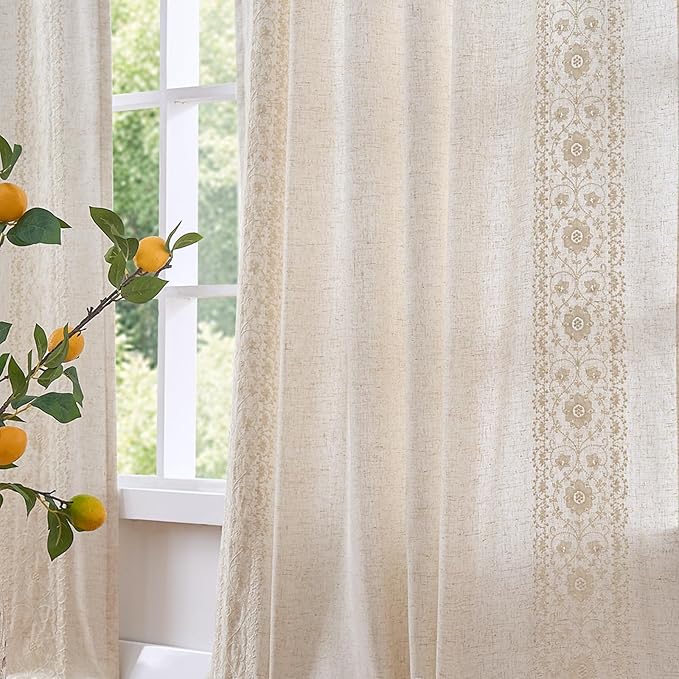 jinchan Weslie Boho Lined Linen Curtains for Bedroom Ivory Vintage Floral Farmhouse Curtains 96 Inches Long Linen Drapes for Living Room Embroidered Drapes Rod Pocket Ivory on Beige 2 Panels