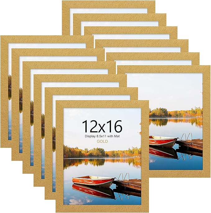 Picrit 12x16 Picture Frame Set of 12, Display 8.5x11 with Mat or 12x16 without Mat, Photo Frames for Wall Mounting Display, Gold