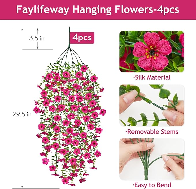 Artificial Hanging Flowers for Outdoors Spring Summer Decoration, 4PCS UV Resistant Silk Fake Hanging Plants for Patio Porch Front Yard Window Garden Indoor Decor(Hot Pink,4PCS)