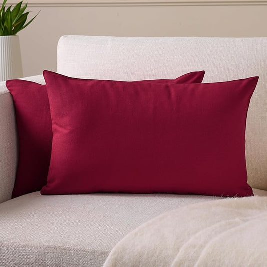 Encasa XO Throw Pillow Covers 12x20 in Set of 2 Rich Maroon | No Inserts | Cotton Pillow Covers for Living Room, Bed, Sofa, Couch | Decorative Cushion Covers with Improved Zipper