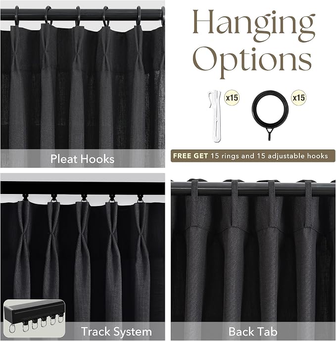 Black Pinch Pleated Linen Curtains 84 inches Long for Living Room 2 Panel Set Light Fitering Semi Sheer Black Window Curtain Pinch Pleate with Hooks Rustic Farmhouse Bedroom Drapes Length 84"