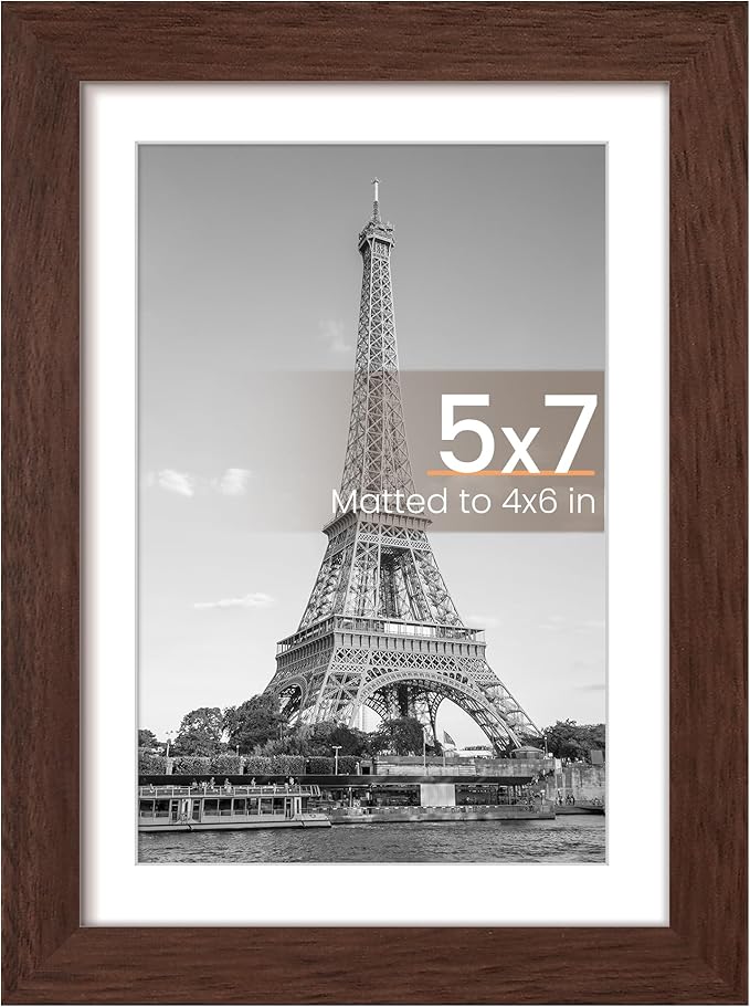upsimples 5x7 Picture Frame, Display Pictures 4x6 with Mat or 5 x 7 Without, Wall Hanging Photo Frames, Brown, 1 Pack
