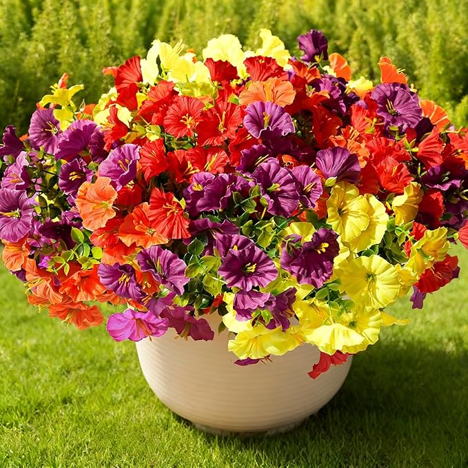 Fanfantoey Artificial Flowers for Outdoor, UV Resistant Fake Plants Outside Decoration, 14 Pcs Realistic Silk Morning Glory Faux Flowers for Porch Patio Gardens Home Decor(14, 4 Mixed)