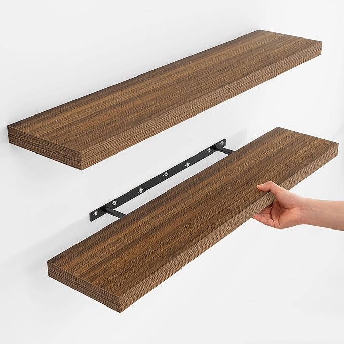 Fun Memories Rustic Wood Floating Shelves for Wall, Space-Saving Wall Mounted Shelves for Bathroom, Bedroom, Living Room and Kitchen, Stylish Storage & Display (Set of 2, Walnut, 40 in)