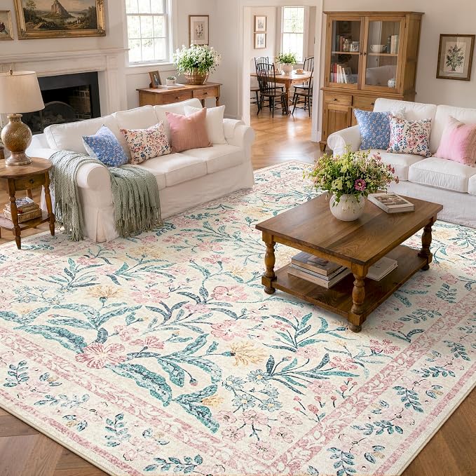 Wonnitar Floral Large Rugs for Living Room, Soft Light Pink Rug Washable 9x12 Carpet Non Slip, Boho Foldable Non-Shedding Kids Carpet for Bedroom Girls Nursery Dorm Playroom