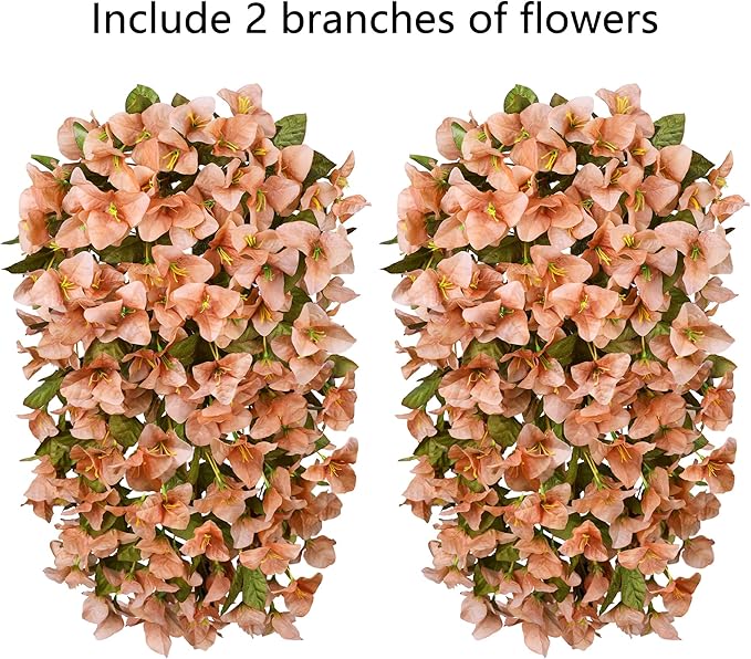 HyeFlora Bougainvillea Artificial Hanging Flowers Plants for Outdoors Decoration, 2pcs Faux Bougainvillea Vines Brown Fake Flowers Realistic UV Resistant Silk Flowers for Outside Planter Yard Porch