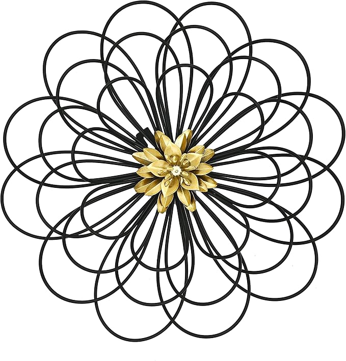 Remenna Metal Flowers Wall Decor, Metal Rustic Wall Art Decoration Farmhouse Wall Decorations Multiple Floral Hanging Decor for Bathroom Living Room Home Office Garden Kitchen (Black&Gold)