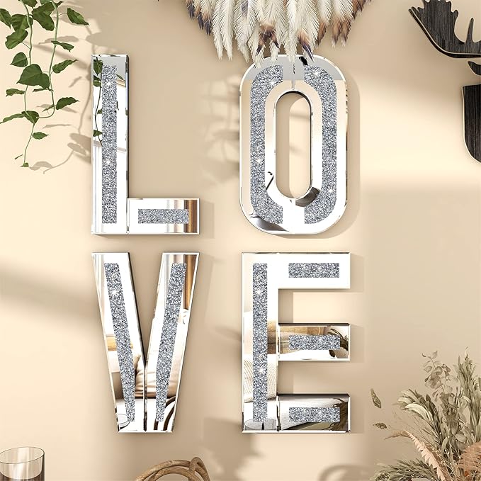 SHYFOY Mirrored Love Letters, 20" Crushed Diamond Wall Decor Large Size Crystal Mirror Set Sparkling Silver Home Decor Love Sign for Wedding Centerpiece Party Gift