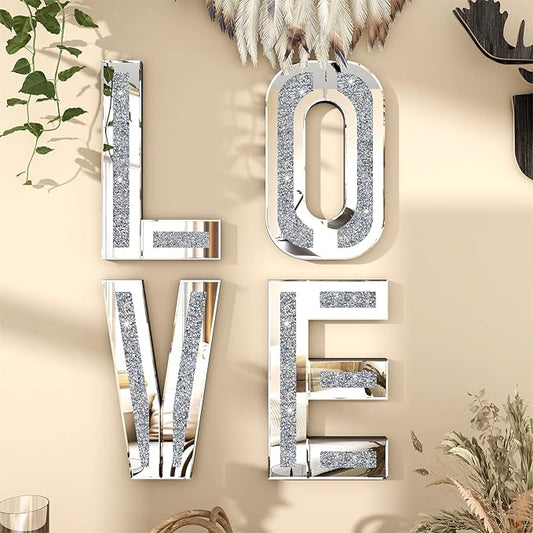 SHYFOY Mirrored Love Letters, 20" Crushed Diamond Wall Decor Large Size Crystal Mirror Set Sparkling Silver Home Decor Love Sign for Wedding Centerpiece Party Gift