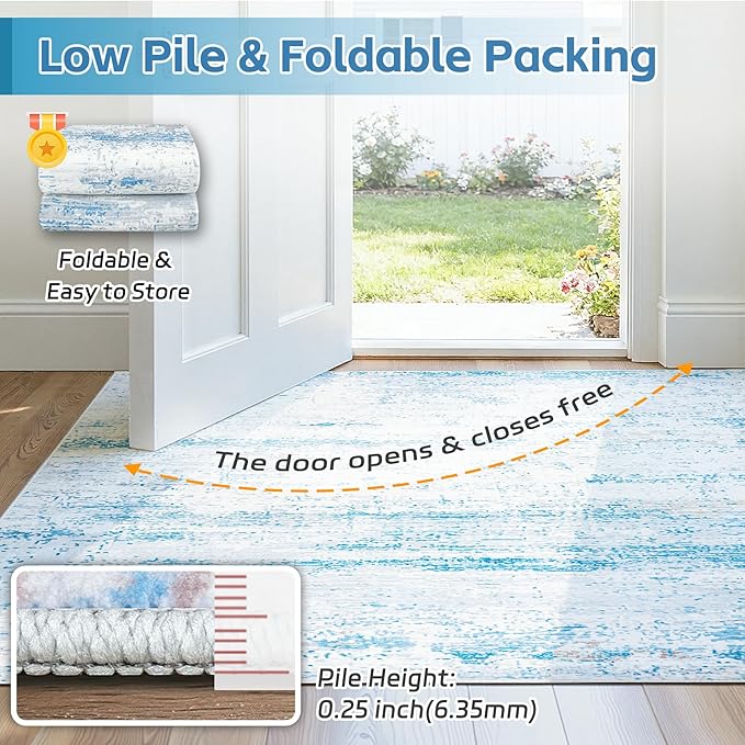 6x9 Area Rugs Washable Rug:Anti-Skid Abstract Modern Living Room Rug Soft Thin Carpets Indoor Floor Non-Shedding Carpet for Bedroom Dining Farmhouse Nursery Home Office(Light Blue/White/Beige, 6x9)