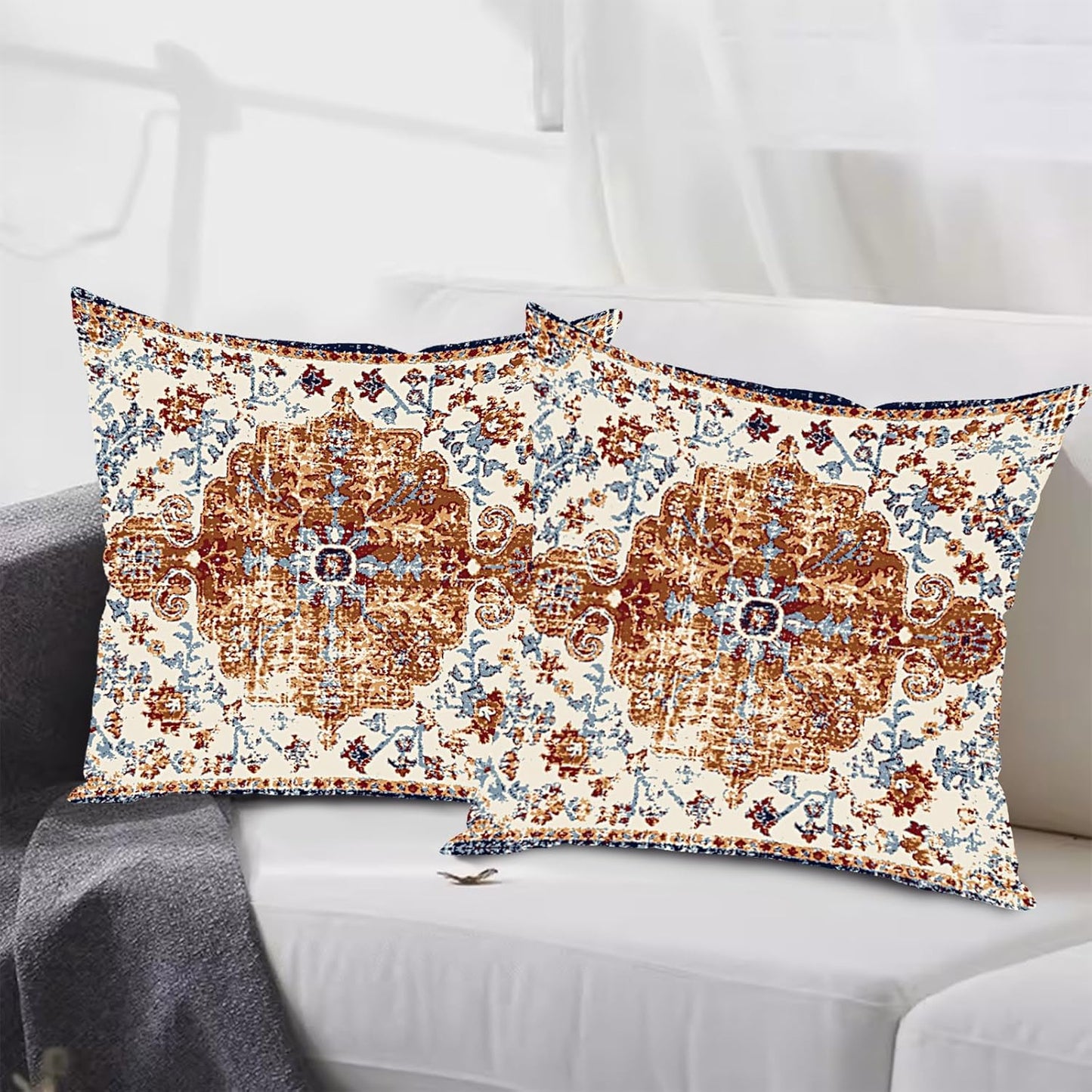 Outdoor Waterproof Pillow Set of 2 - 18X18 Inch Bohemian Vintage Carpet Pattern Pillow Covers in Brown and Blue Ethnic Design for Decorative Farmhouse Couch, Garden, Balcony