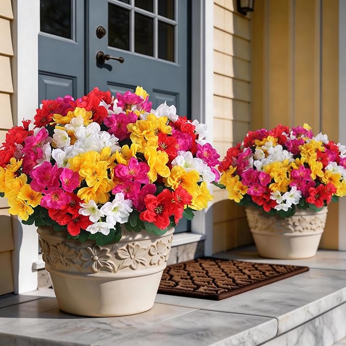 8 Bundles Artificial Flowers for Front Door, Fake Silk Azalea Bouquet Silk Flowers for Outside UV Resistant Realistic Faux Plants for Planter Farmhouse Patio Garden Walkways Home Decor (Mixed Color)