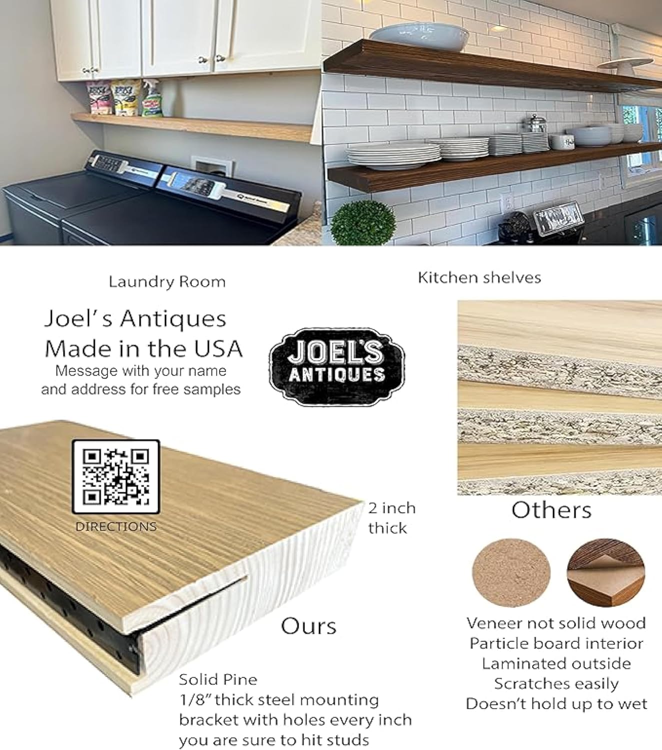 joelsantiques - 36 Inch Wooden Floating Shelves for Wall - Made of Natural Wood - 36x12x2 in - Long Heavy Duty Rustic Wall Shelves for Bedroom - Perfect for Living Room, Kitchen - Medium Brown