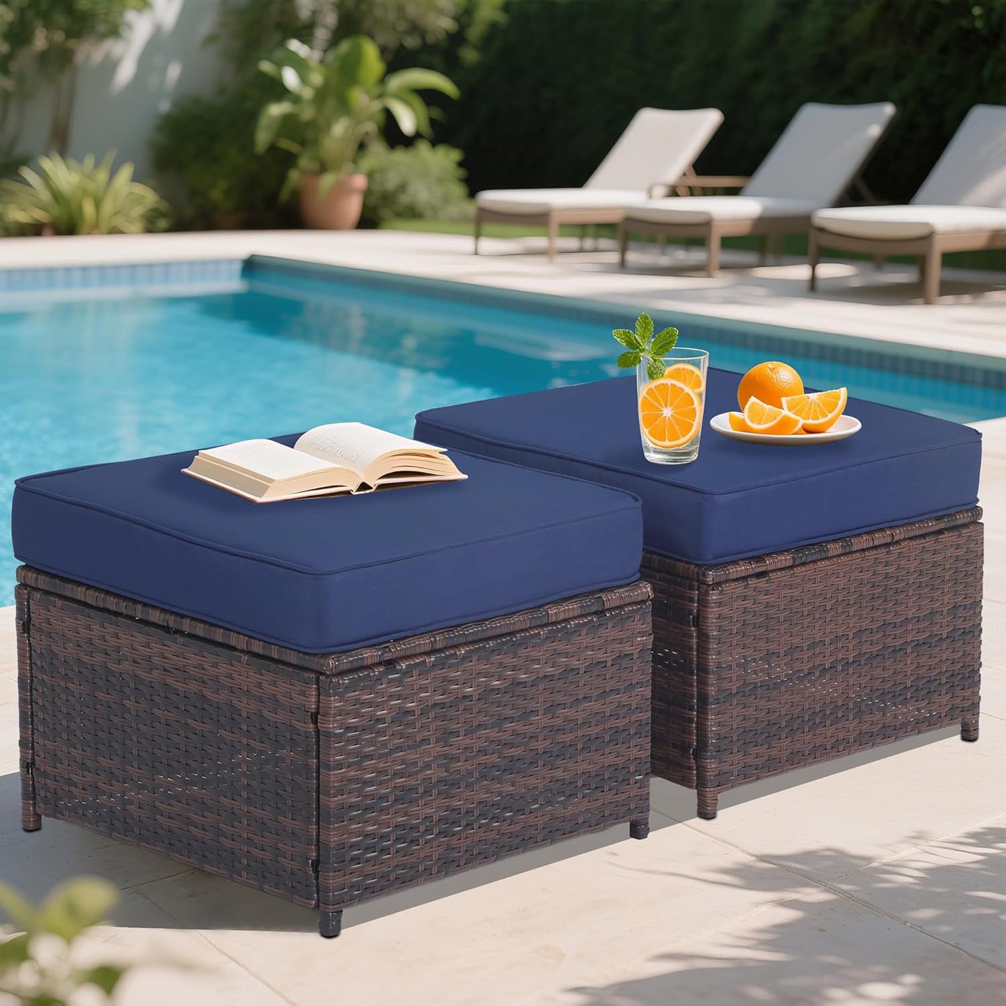 Outdoor Ottoman Rattan Footstool - Patio Ottomans with Removable Cushion, All-Weather PE Wicker & Steel Frame for Poolside, Garden Outdoor Furniture,23.6 x 21.7 x 17.8 inches, Brown