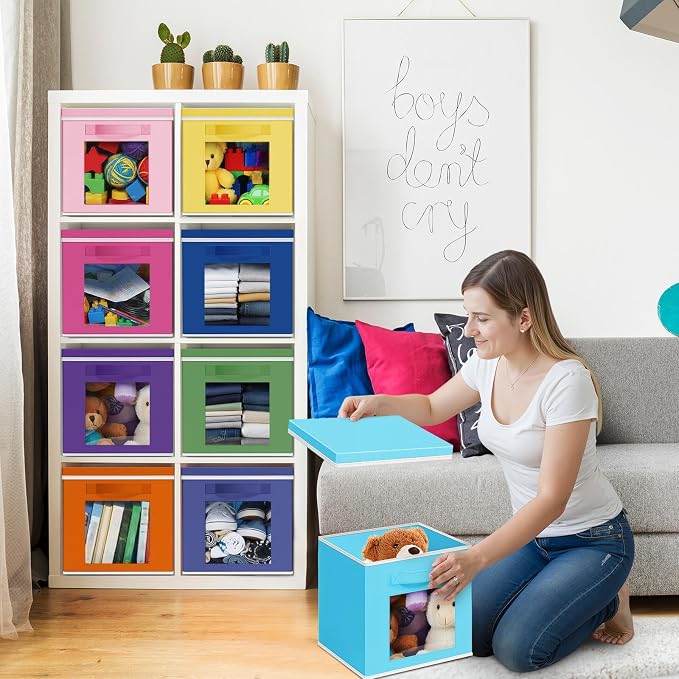 Threehoney 10 Pcs Fabric Storage Cubes with Lids and Clear Windows 11x11 Inch Foldable Closet Organizer Bins Aesthetic Rainbow Storage Bins for Shelves Dorm Essentials Craft & Office Organization