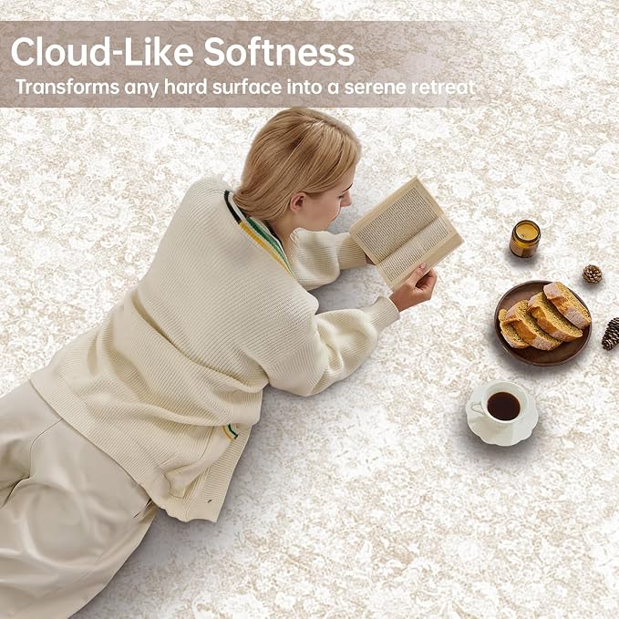 Sasttie Round Rugs 6ft, Ultra-Soft Washable Circle Rug, Low Pile Foldable Thin Carpets with Non-Slip Backing, Skin-Friendly Stain Resistant Carpet for Living Room, Bedroom, Kitchen, Dorm, 6ft, Cream