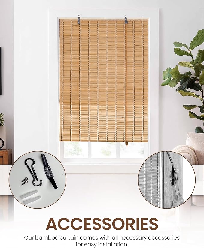 24" Wx72 H Bamboo Blinds Roller Shades for Indoor Windows, Blackout Bamboo Curtain Roll Up wiht Cord, Privacy Roman Shade for Interior/Exterior Windows, Mounting Hardware Included