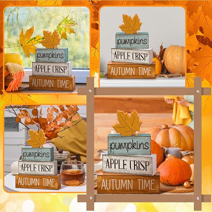 Lineshading 4 Pcs Thanksgiving Decoration for Home Wooden Maple Leaf Fall Tiered Tray Decor Thanksgiving Centerpiece Rustic Decorative Maple Leaf Block Signs Gift Farmhouse Autumn Decoration for Home