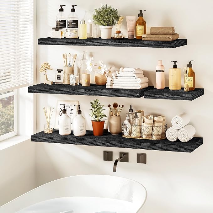 Vivelove 32 Inch Floating Shelves, Deep Wall Shelves with Invisible Brackets, Display Shlf for Bathroom Living Room Kitchen Bedroom Office Farmhouse Home Decor, 32" X 9.3" X 1.5" - Set of 2, Black