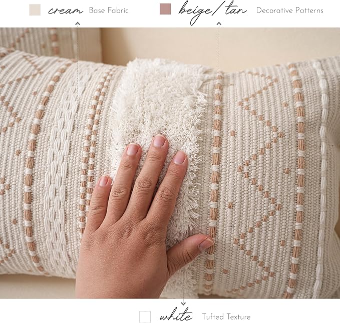BlissBlush Decorative Throw Pillow Covers 18X18 Combo Set of 2 Square Cream Neutral White Boho Accent Pillowcase Tassels Farmhouse Cushion for Couch Sofa Bedroom Living Room Home Décor Cover ONLY