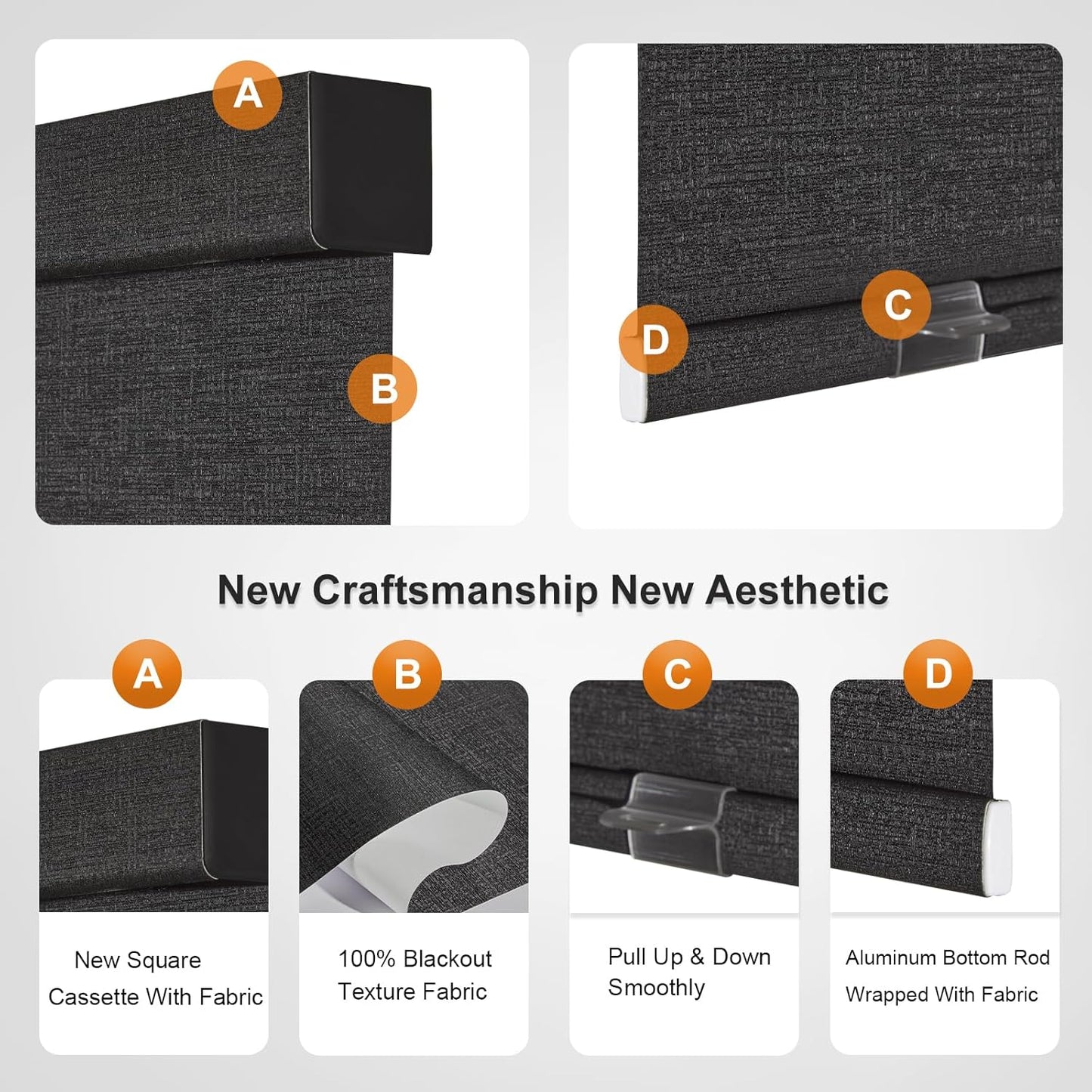 Persilux Free-Stop Cordless Blinds for Indoor Windows with Cover, Window Shades Blackout Roller Blinds, Thermal Insulated Fabric UV Protection for Kitchen, Office, Living Room, Black(12" W x 84" H)