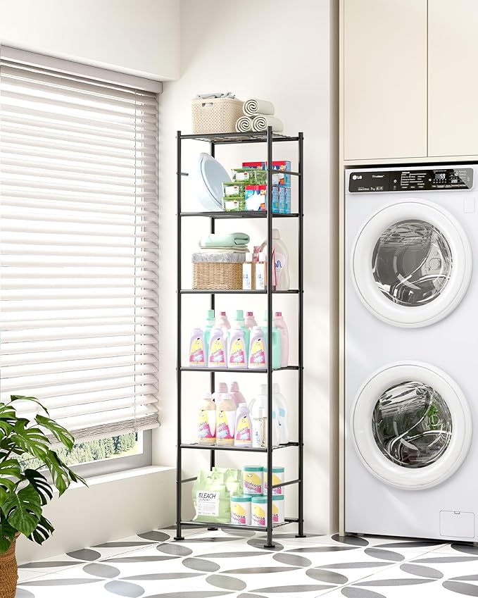 Sakugi 6-Tier Metal Storage Shelves - Slim Shelf Organizer with Reinforced Side Bars, Spacious Storage for Kitchen, Bathroom, and Laundry Room Organization, 18.2" x 12.5" x 70.1", Black