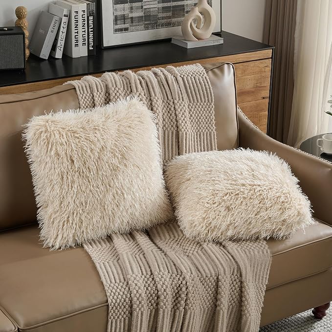 FUTEI Pack of 2 Shaggy Mongolian Faux Wool Throw Pillow Covers 18x18 Inch Soft Decorative Cushion Case for Couch Bed Living Room, Beige